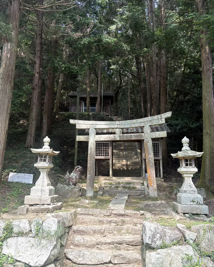 畑の近くに祀られている氏神様の鳥居と石段