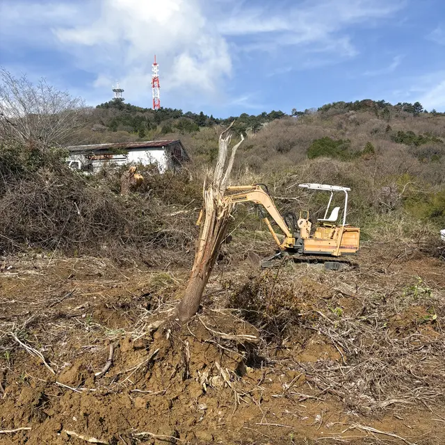 開墾中の土地、切り株と重機